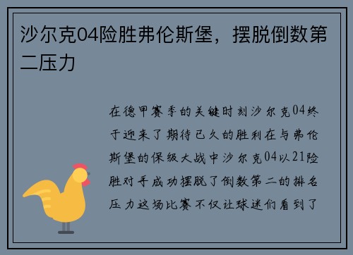 沙尔克04险胜弗伦斯堡,摆脱倒数第二压力